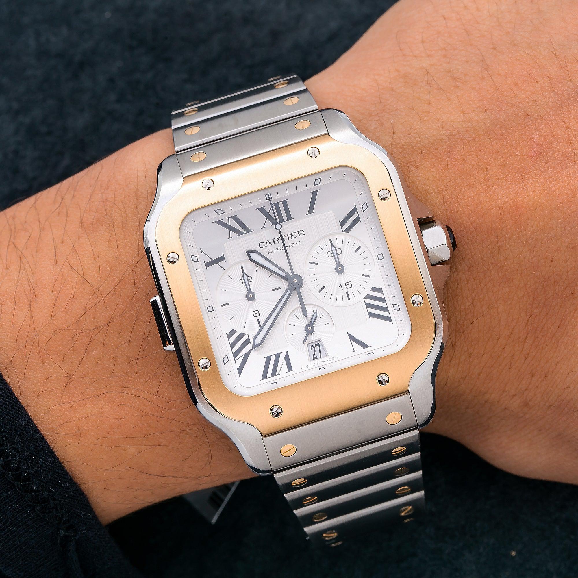 Cartier Santos 43MM W2SA0008 Silver Roman Dial Yellow Gold Bezel Two Tone Yellow Gold Bracelet