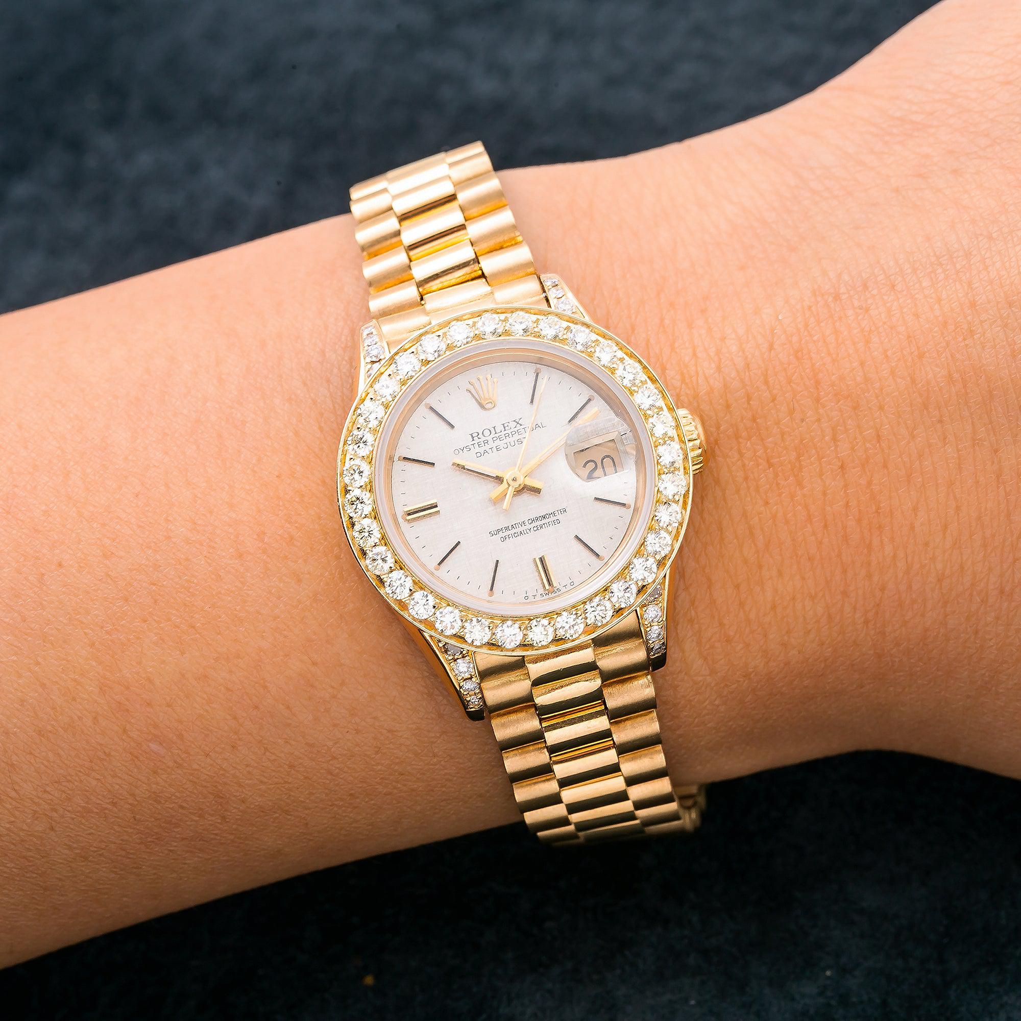 Rolex Datejust 26MM 69178 Silver Linen Dial Diamond Bezel 18K Yellow Gold President Bracelet