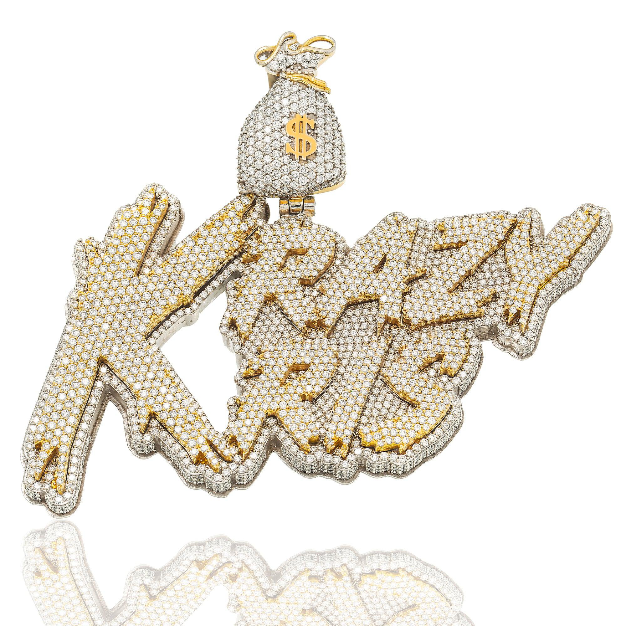 10K YELLOW GOLD TWO TONE DIAMOND NAME WITH MONEY BAG PENDANT 23 CT