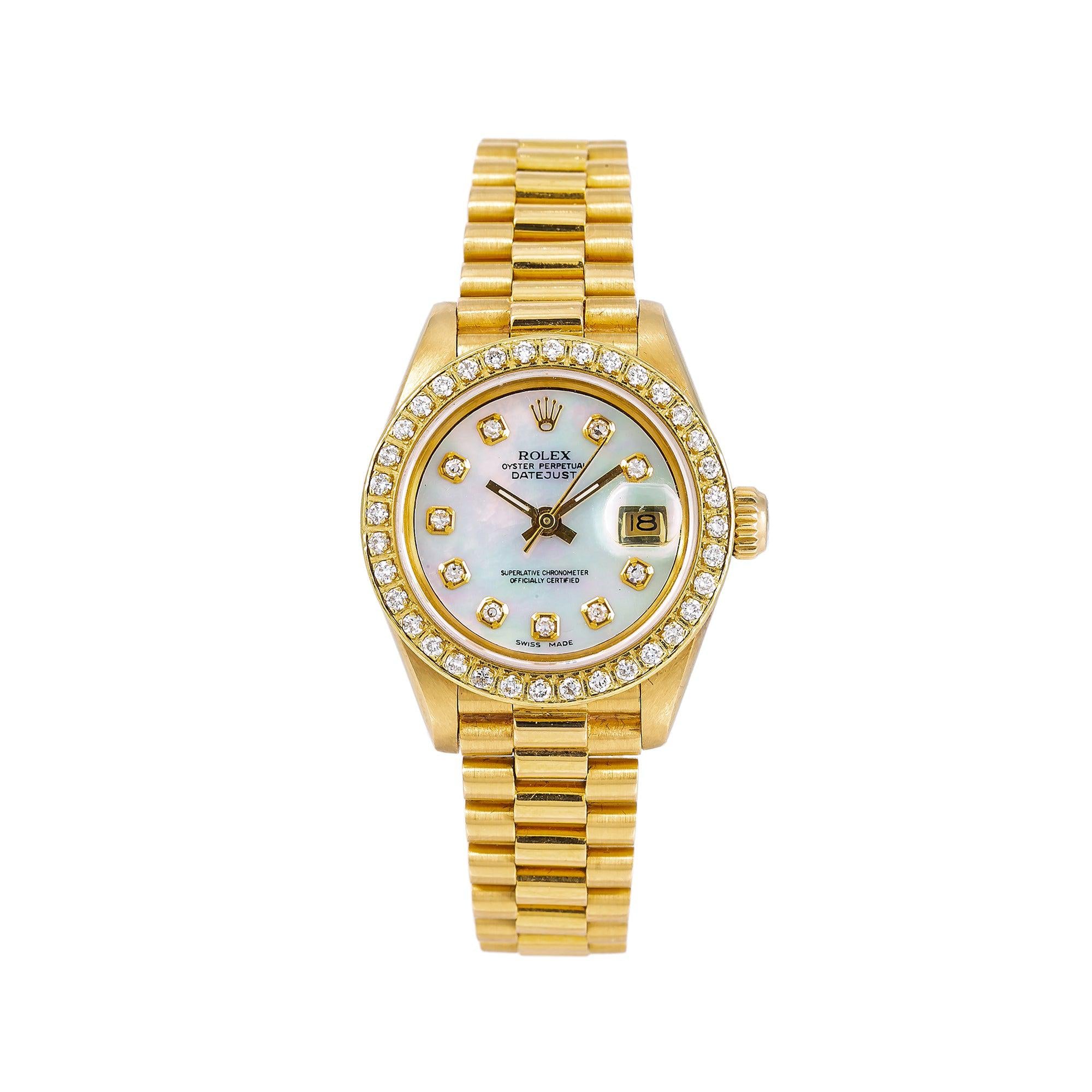 Rolex Datejust 26MM 69178 Mother of Pearl Diamond Dial Diamond Bezel 18K Yellow Gold President Bracelet