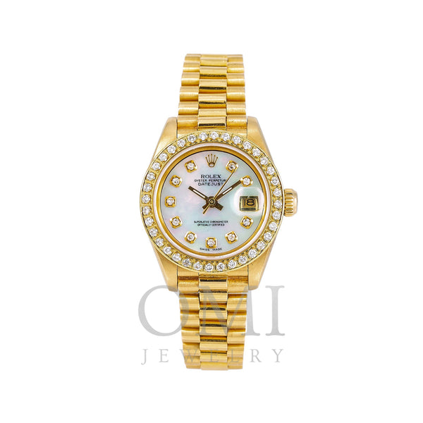Rolex Lady-Datejust Diamond Watch, 69178 26mm, Silver Mother of Pearl Diamond Dial With Yellow Gold President Bracelet