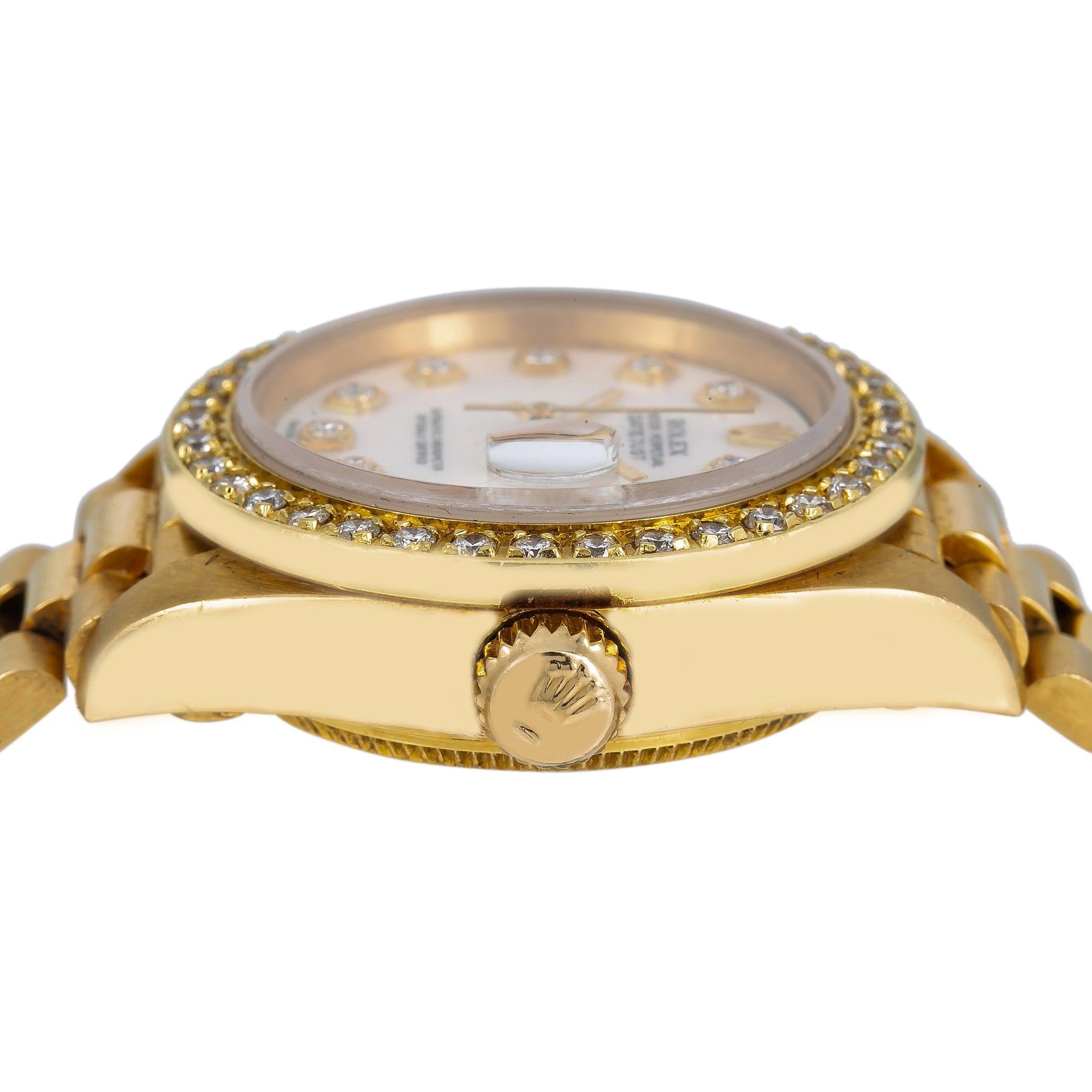 Rolex Datejust 26MM 69178 Mother of Pearl Diamond Dial Diamond Bezel 18K Yellow Gold President Bracelet