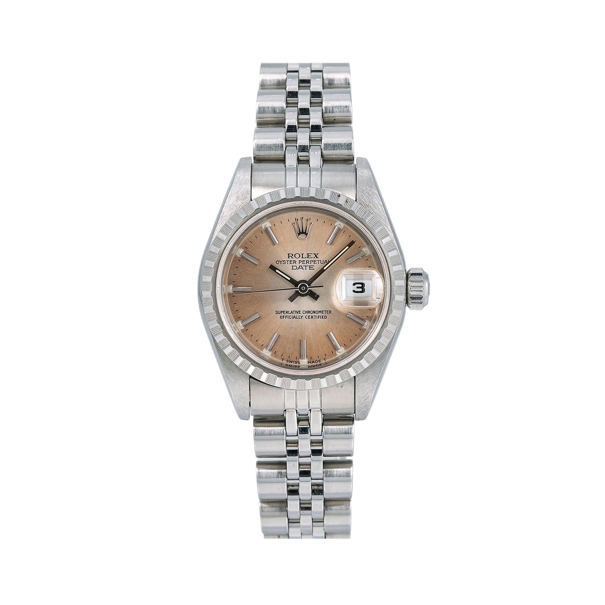 Rolex Date 26MM 69240 Salmon Dial Engine Turned Bezel Stainless Steel Jubilee Bracelet