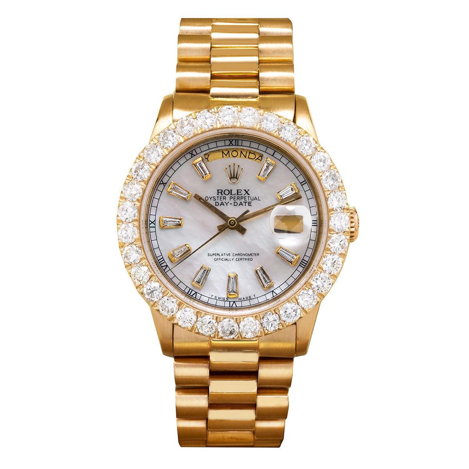 Rolex Day-Date 36MM 18038 Mother of Pearl Diamond Dial Diamond Bezel 18K Yellow Gold President Bracelet 4.75ct