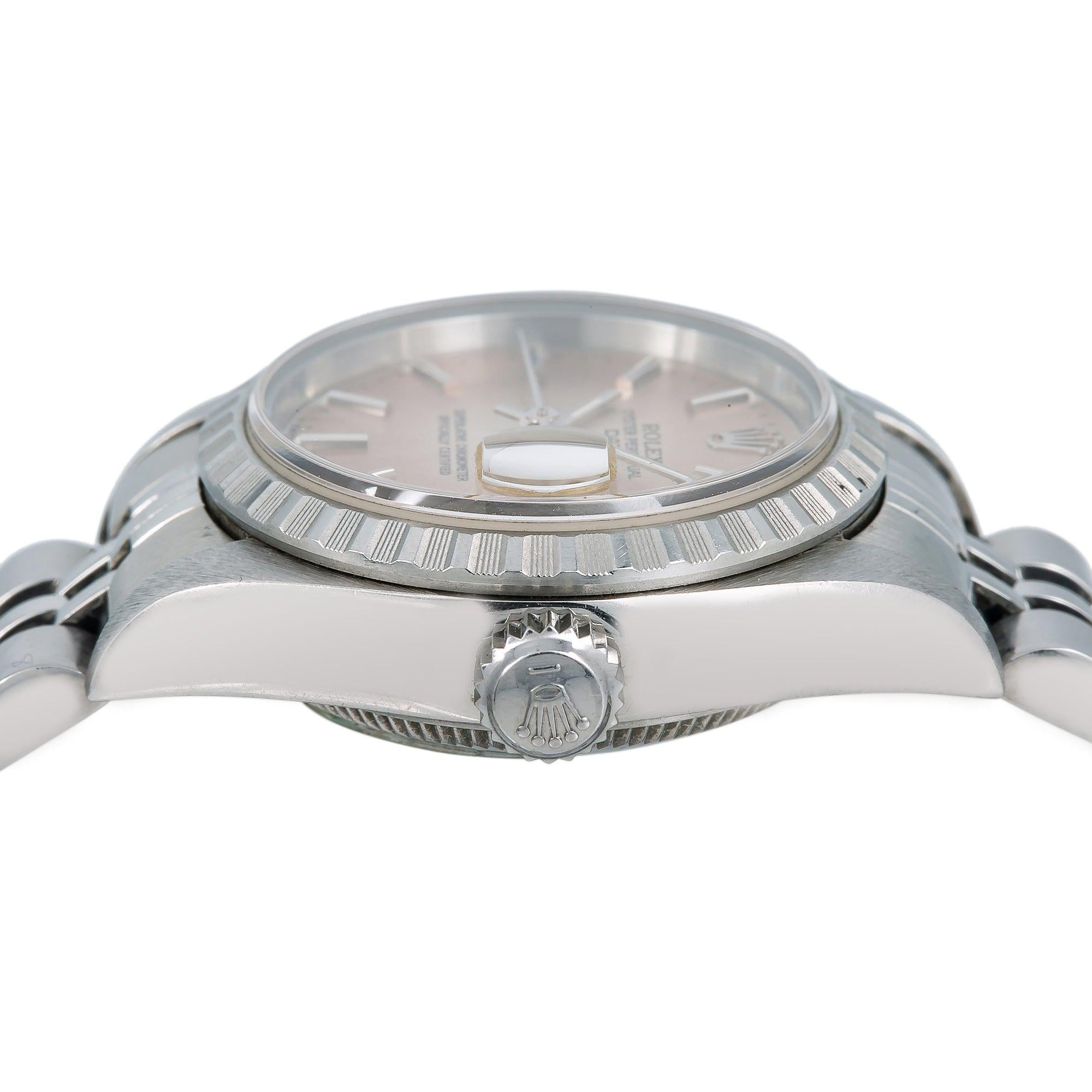 Rolex Date 26MM 69240 Salmon Dial Engine Turned Bezel Stainless Steel Jubilee Bracelet