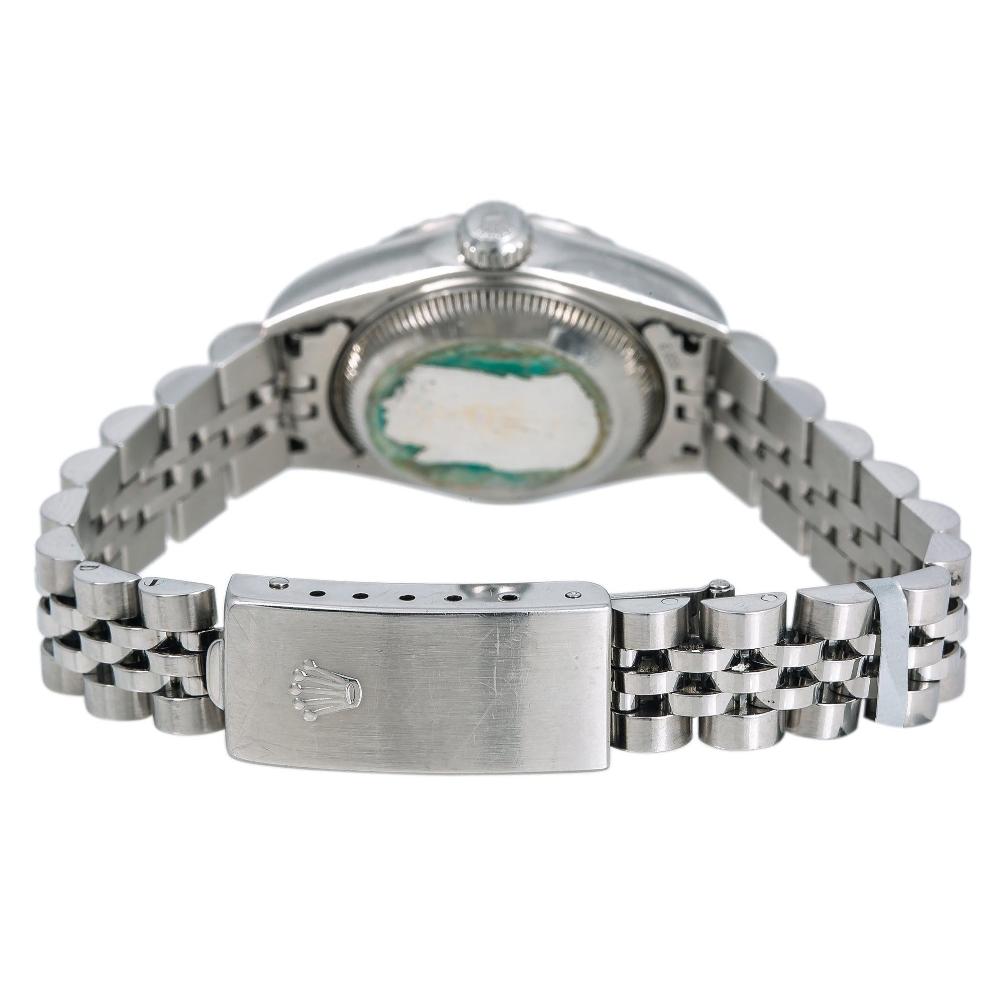 Rolex Date 26MM 69240 Salmon Dial Engine Turned Bezel Stainless Steel Jubilee Bracelet