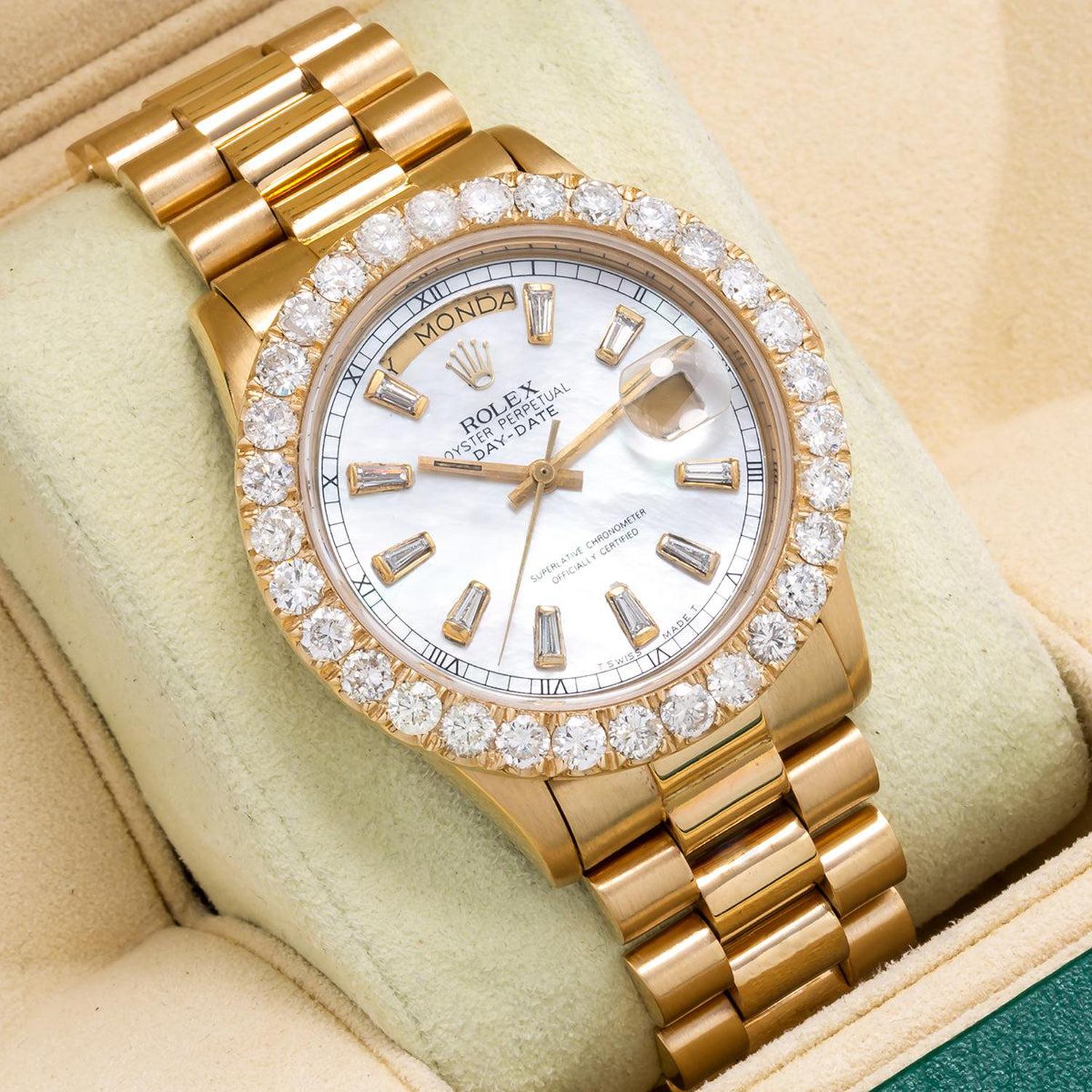 Rolex Day-Date 36MM 18038 White Mother of Pearl Diamond Dial Diamond Bezel 18K Yellow Gold President Bracelet 4.75ct