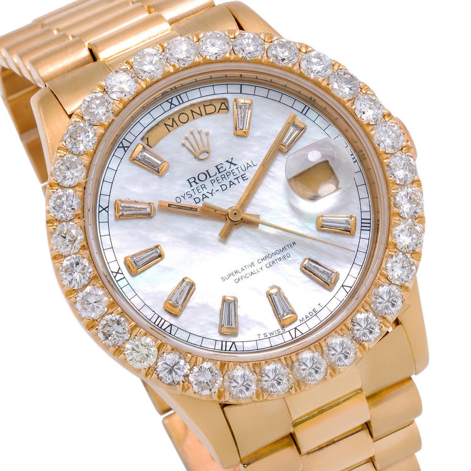Rolex Day-Date 36MM 18038 Mother of Pearl Diamond Dial Diamond Bezel 18K Yellow Gold President Bracelet 4.75ct