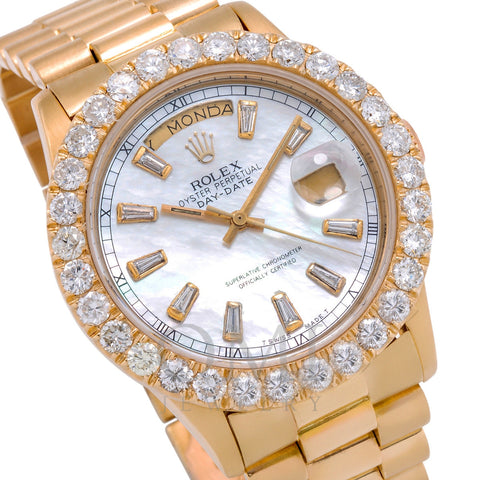 18K Yellow Gold Rolex Diamond Watch, Day-Date 18038 36mm, White Mother Of Pearl Dial With 4.75CT Diamond Bezel
