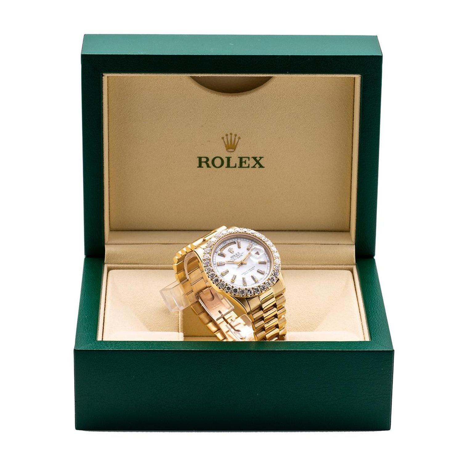 Rolex Day-Date 36MM 18038 Mother of Pearl Diamond Dial Diamond Bezel 18K Yellow Gold President Bracelet 4.75ct