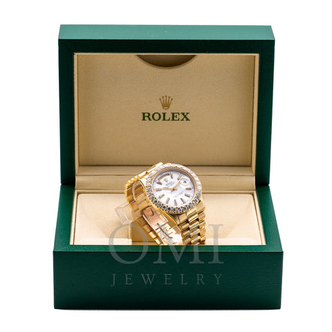 18K Yellow Gold Rolex Diamond Watch, Day-Date 18038 36mm, White Mother Of Pearl Dial With 4.75CT Diamond Bezel