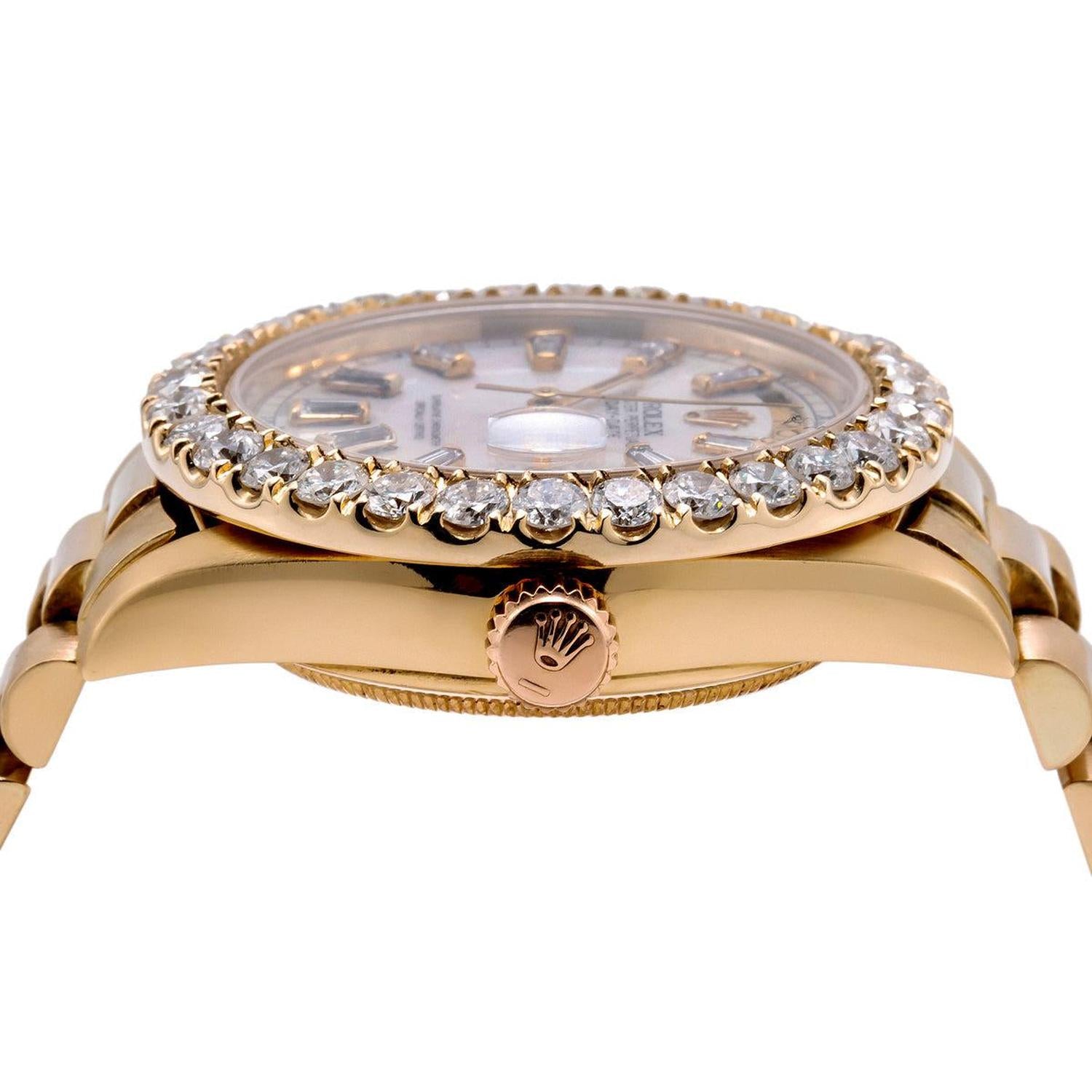 Rolex Day-Date 36MM 18038 Mother of Pearl Diamond Dial Diamond Bezel 18K Yellow Gold President Bracelet 4.75ct