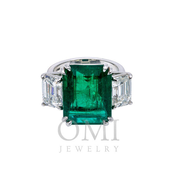 Platinum Rectangular Diamond And Gemstone Emerald Ring