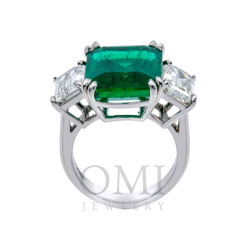 Platinum Rectangular Diamond And Gemstone Emerald Ring