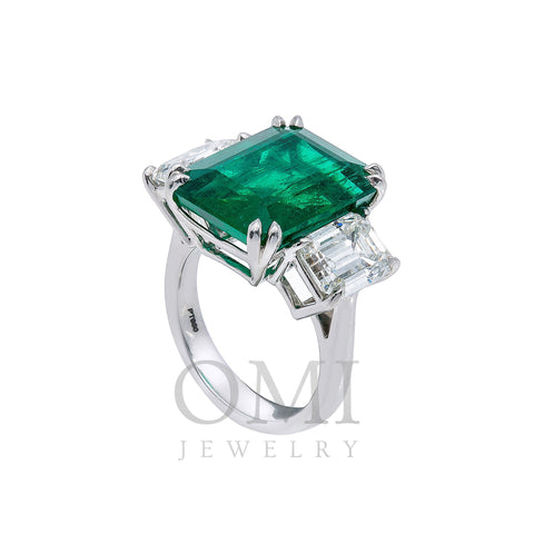 Platinum Rectangular Diamond And Gemstone Emerald Ring