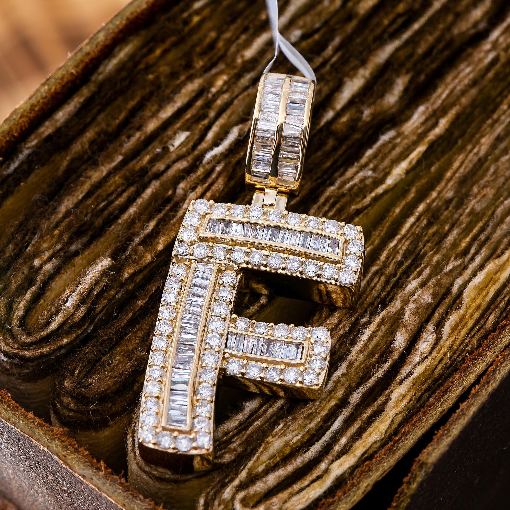14K YELLOW GOLD UNISEX LETTER F WITH 1.97 CT DIAMONDS