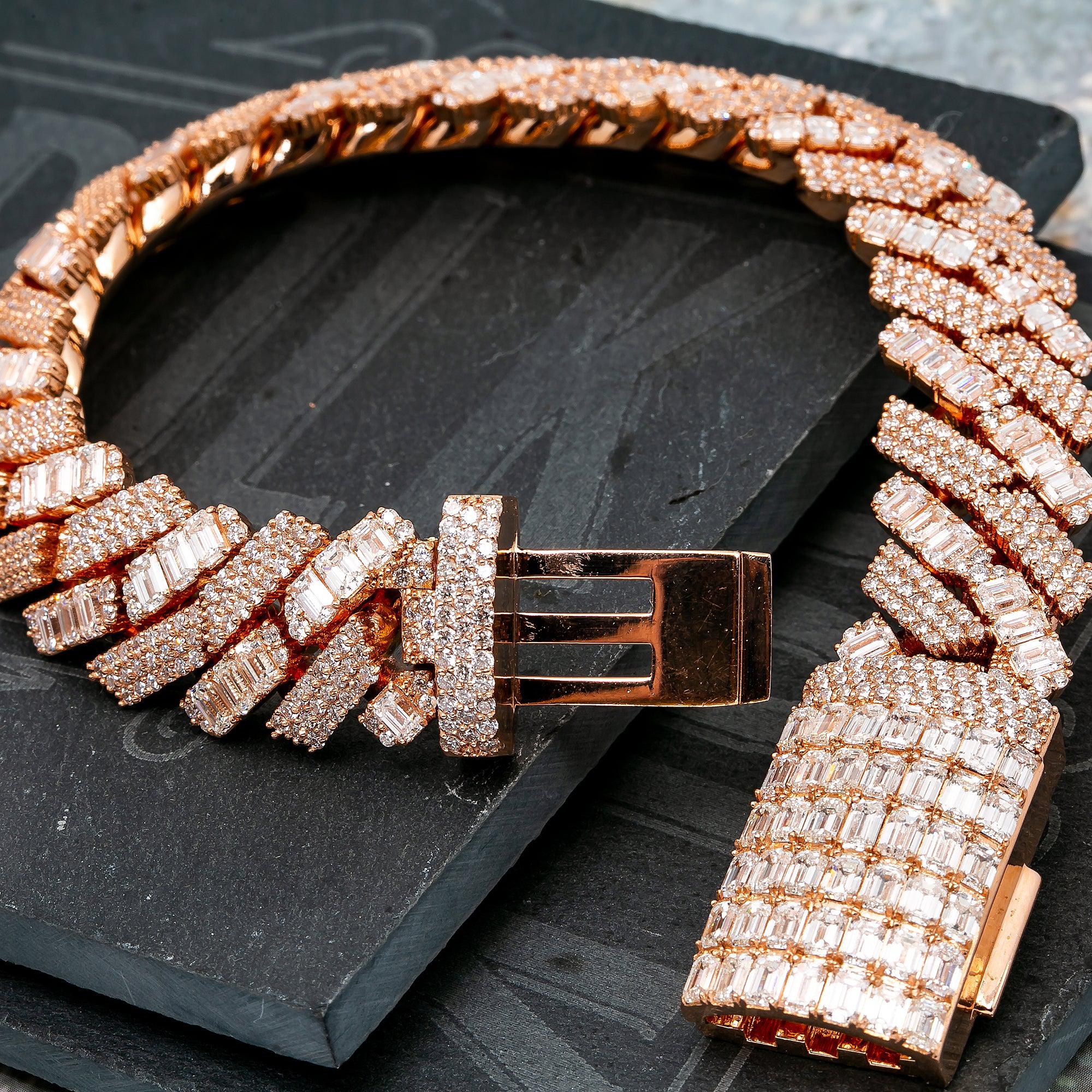 14K Rose Gold Men's Cuban Bracelet With Baguette Diamonds Lock