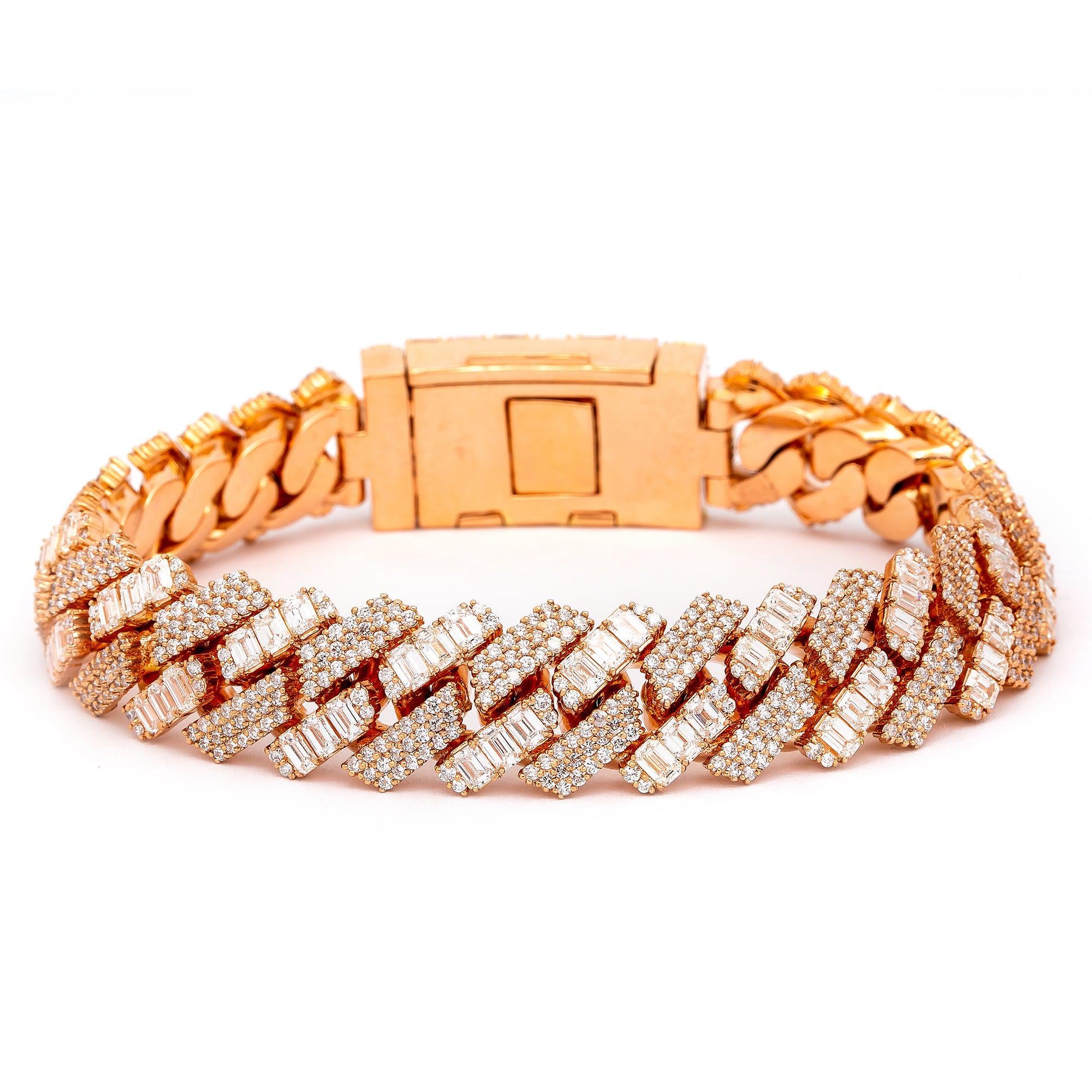 14K Rose Gold Men's Cuban Bracelet With Baguette Diamonds Lock