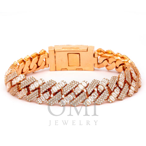 14K Rose Gold Men's Cuban Bracelet With Baguette Diamonds Lock