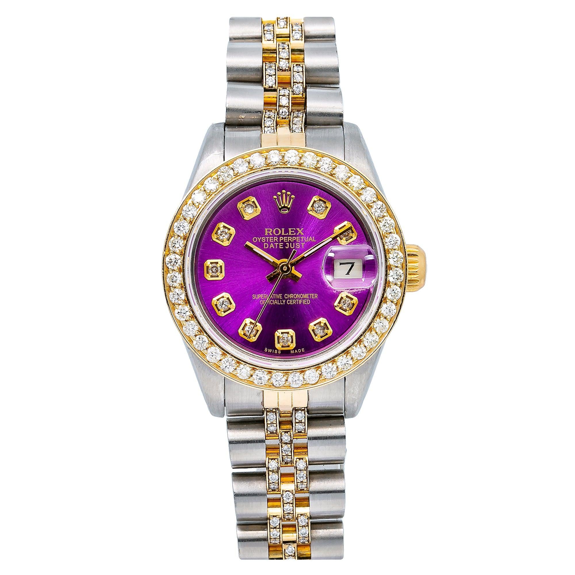 Rolex Datejust 26MM 69173 Purple Diamond Dial Diamond Bezel Two Tone Semi Diamond Jubilee Bracelet