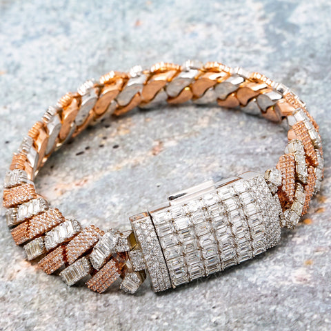 14K GOLD TWO-TONE CUBAN BRACELET AND LOCK WITH BAGUETTE DIAMONDS