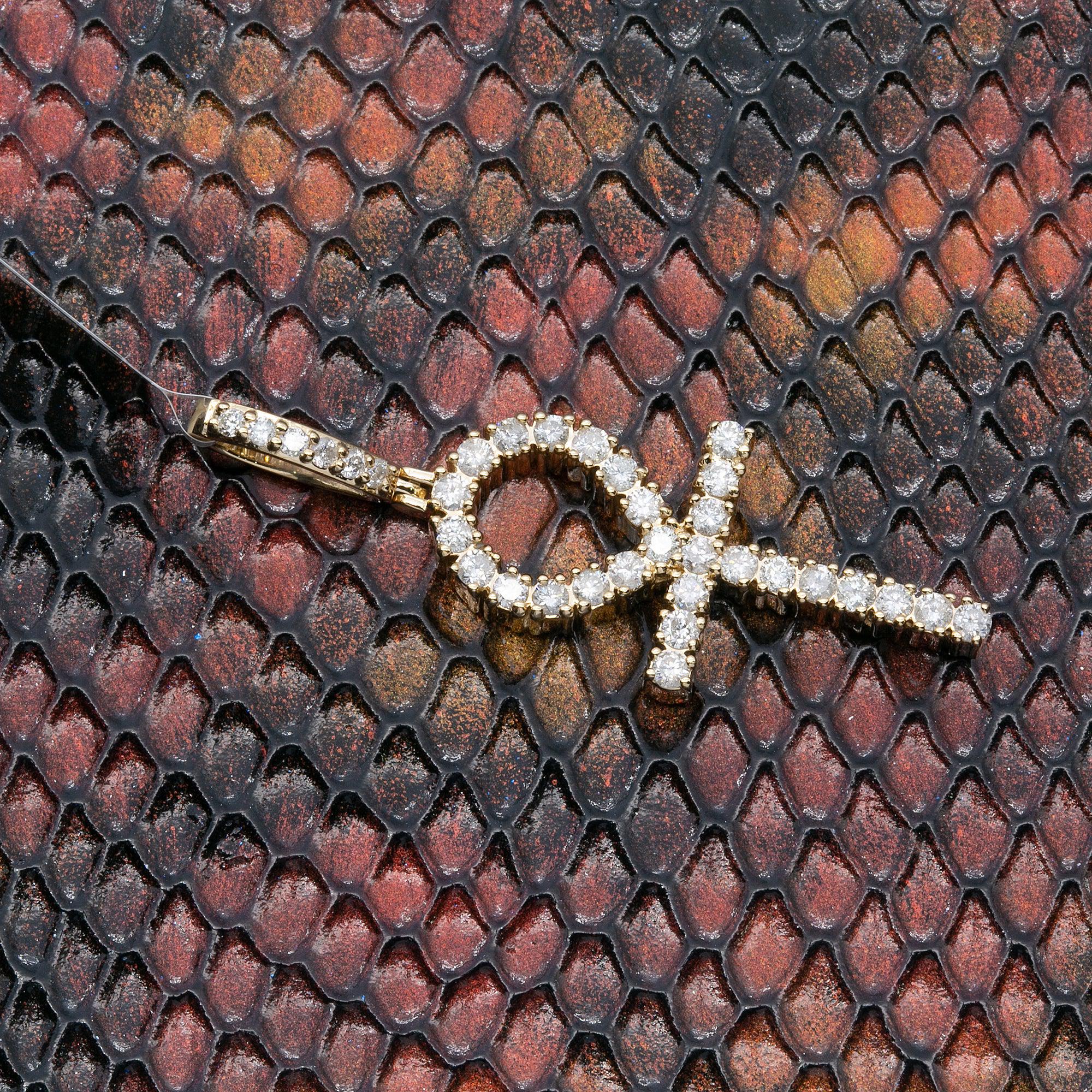 14K YELLOW GOLD UNISEX ANKH PENDANT WITH 1.01 CT DIAMONDS