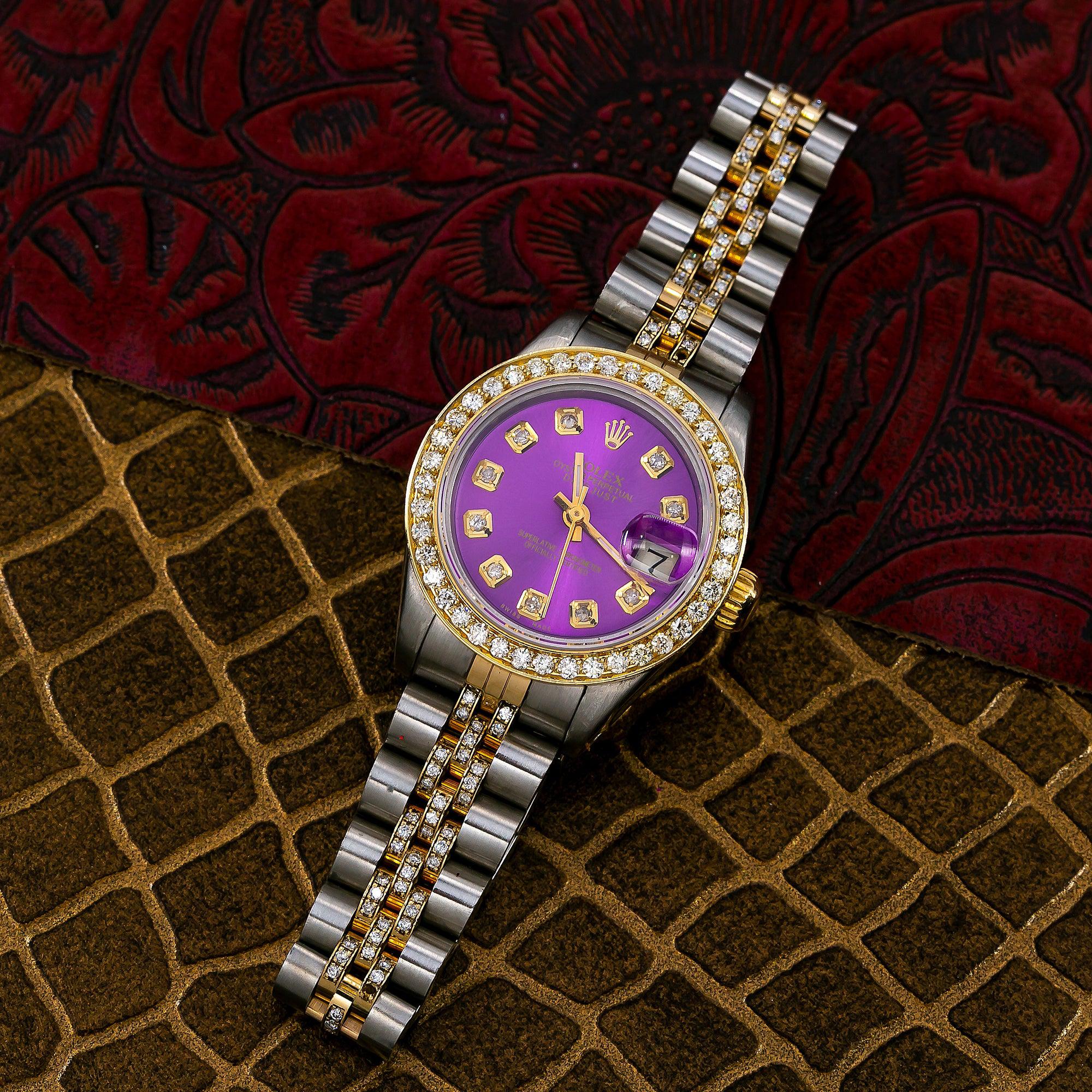 Rolex Datejust 26MM 69173 Purple Diamond Dial Diamond Bezel Two Tone Yellow Gold Semi Diamond Jubilee Bracelet