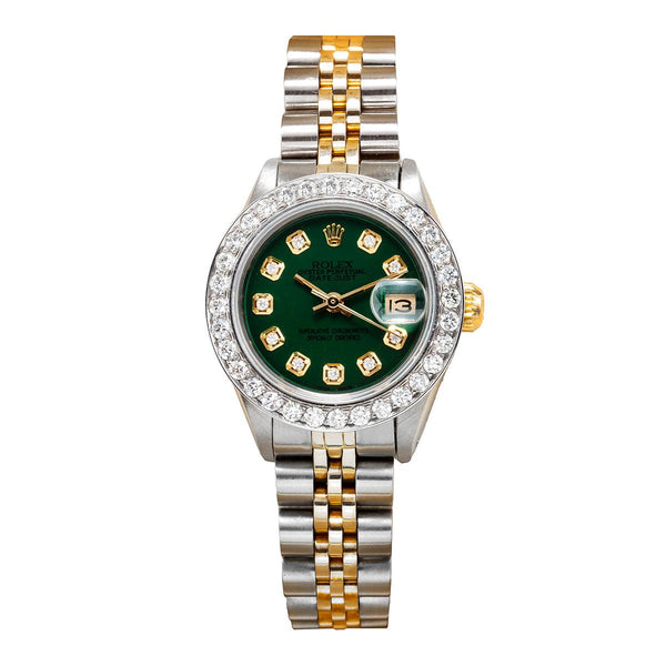 Rolex Datejust Two Tone Diamond Watch 26mm Green Dial with 1.5CT Diamond Bezel