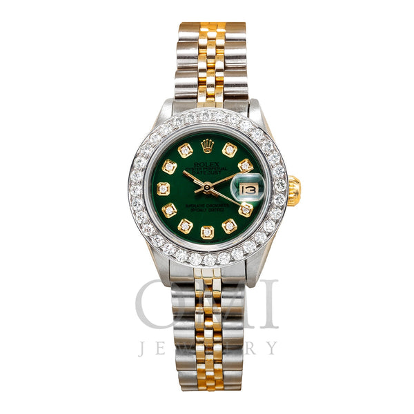 Rolex Datejust Two Tone Diamond Watch 26mm, Green Dial with 1.5CT Diamond Bezel