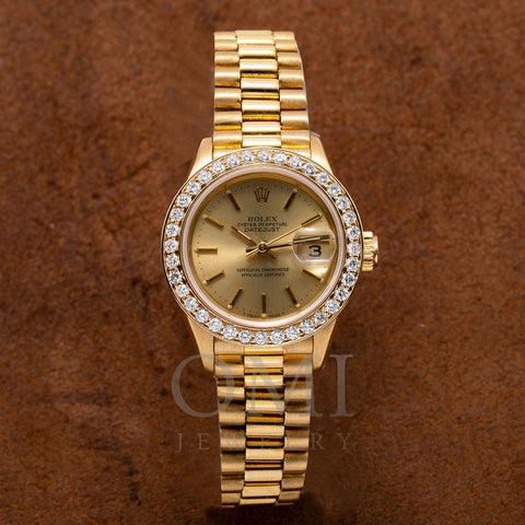 18K Yellow Gold Rolex Diamond Watch, Datejust President 69178, Champagne Dial With 0.80CT Diamond Bezel
