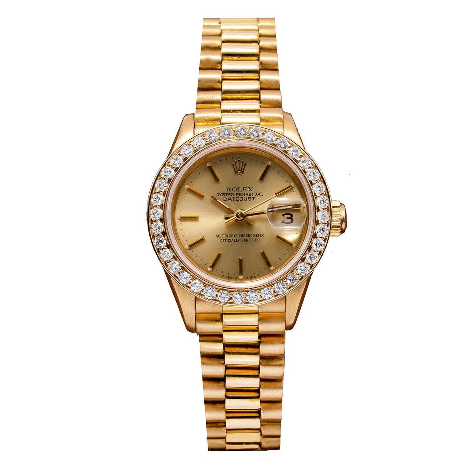 Rolex Datejust 26MM 69178 Champagne Dial Diamond Bezel 18K Yellow Gold President Bracelet 0.8ct