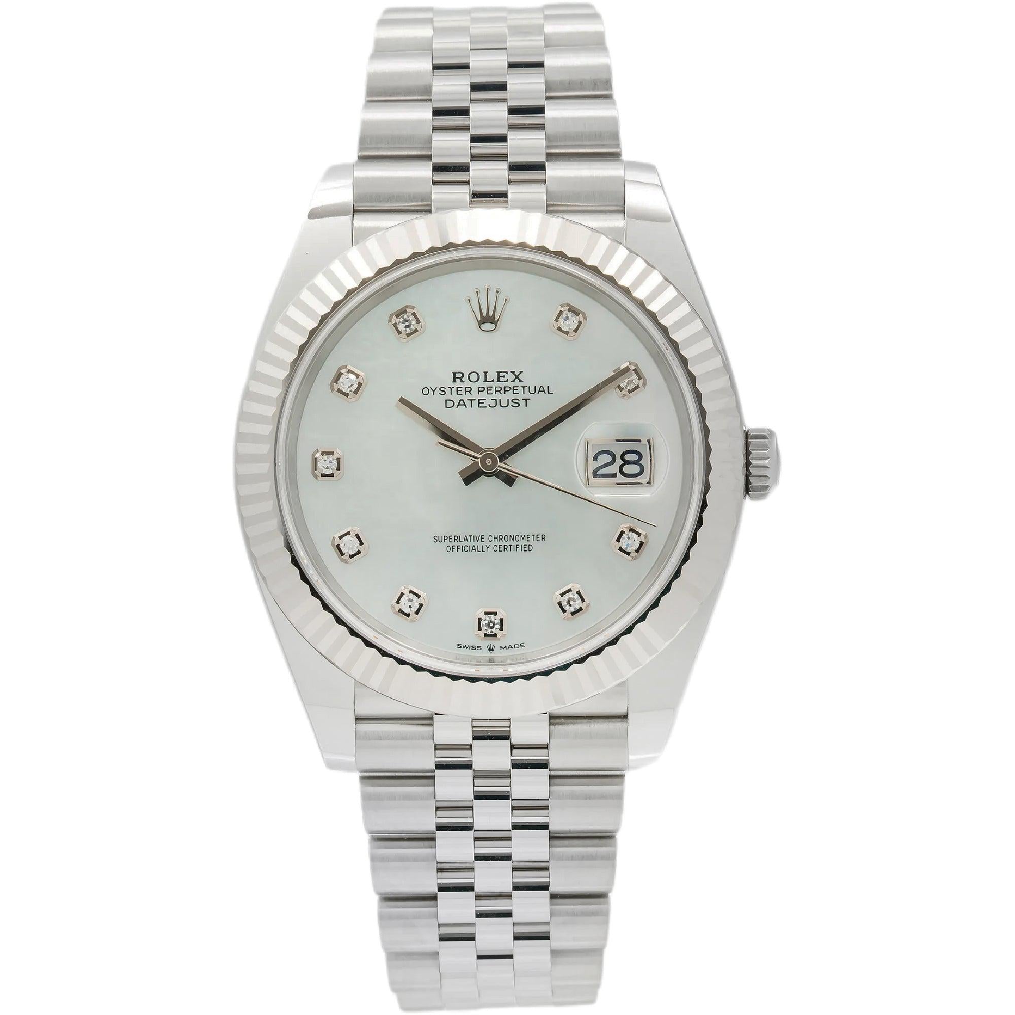 Rolex Datejust 41MM 126334 Mother of Pearl Diamond Dial White Gold Fluted Bezel Stainless Steel Jubilee Bracelet
