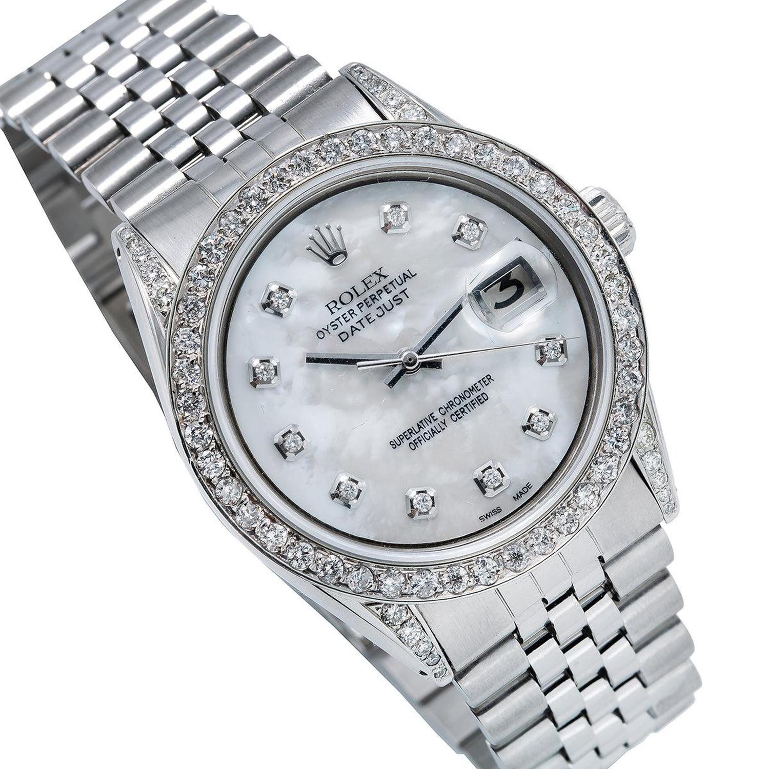 Rolex Datejust 36MM 16200 White Mother of Pearl Diamond Dial Diamond Bezel Stainless Steel Jubilee Bracelet 2.5ct