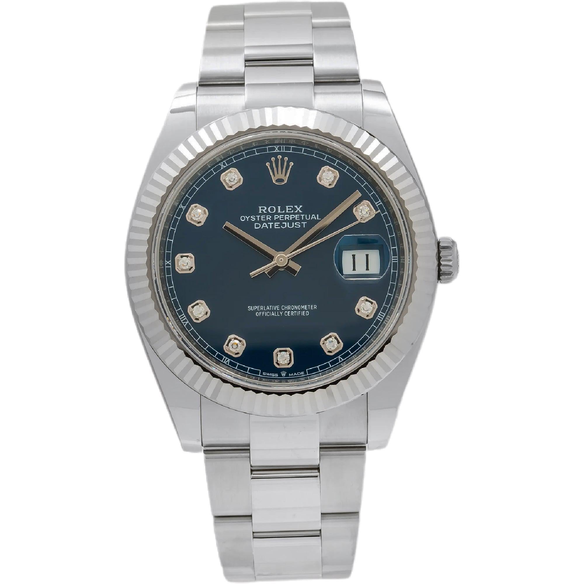 Rolex Datejust 41MM 126334 Blue Diamond Dial White Gold Fluted Bezel Stainless Steel Oyster Bracelet