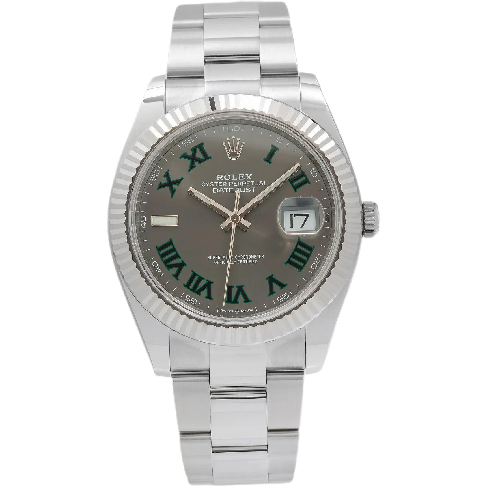 Rolex Datejust 41MM 126334 Wimbledon Slate Gray Roman Dial White Gold Fluted Bezel Stainless Steel Oyster Bracelet