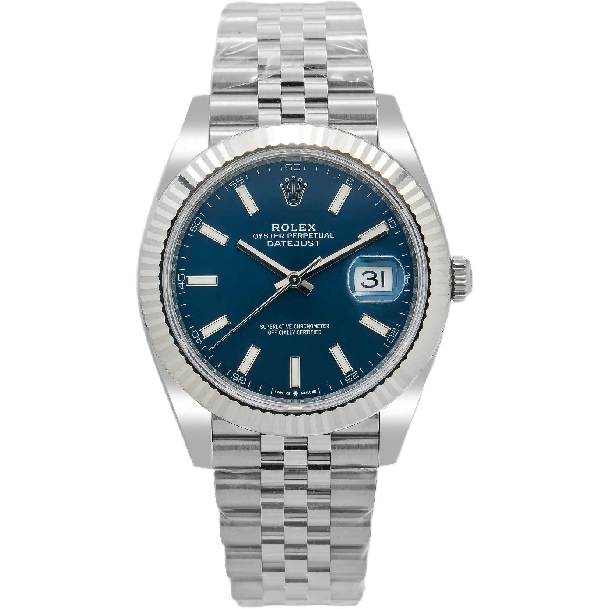 Rolex Datejust 41MM 126334 Blue Dial White Gold Fluted Bezel Stainless Steel Jubilee Bracelet