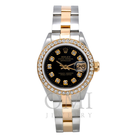 Rolex DateJust Two Tone Diamond Watch, 6917 26mm, Black Dial With 0.90Ct Diamond Bezel