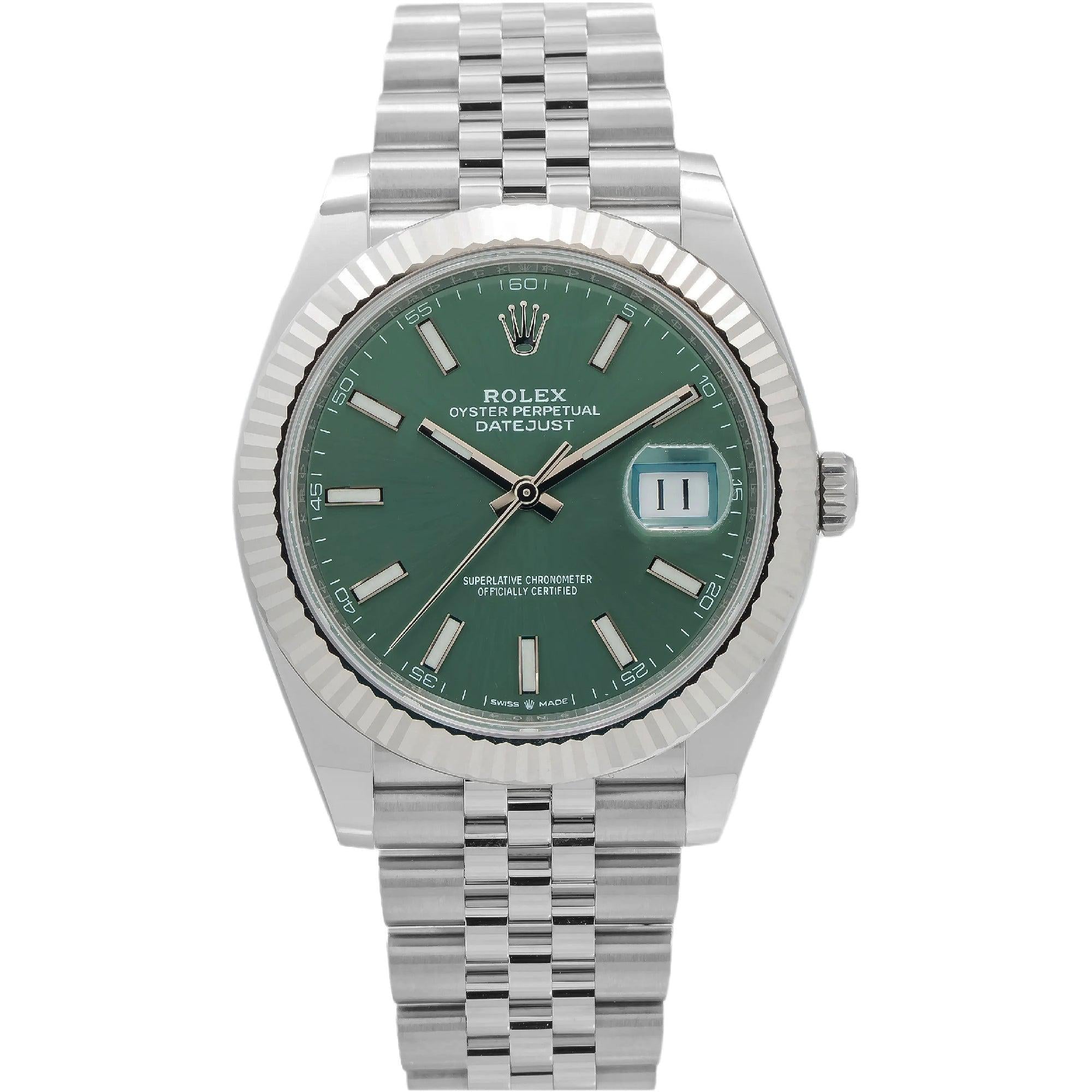 Rolex Datejust 41MM 126334 Green Dial White Gold Fluted Bezel Stainless Steel Jubilee Bracelet