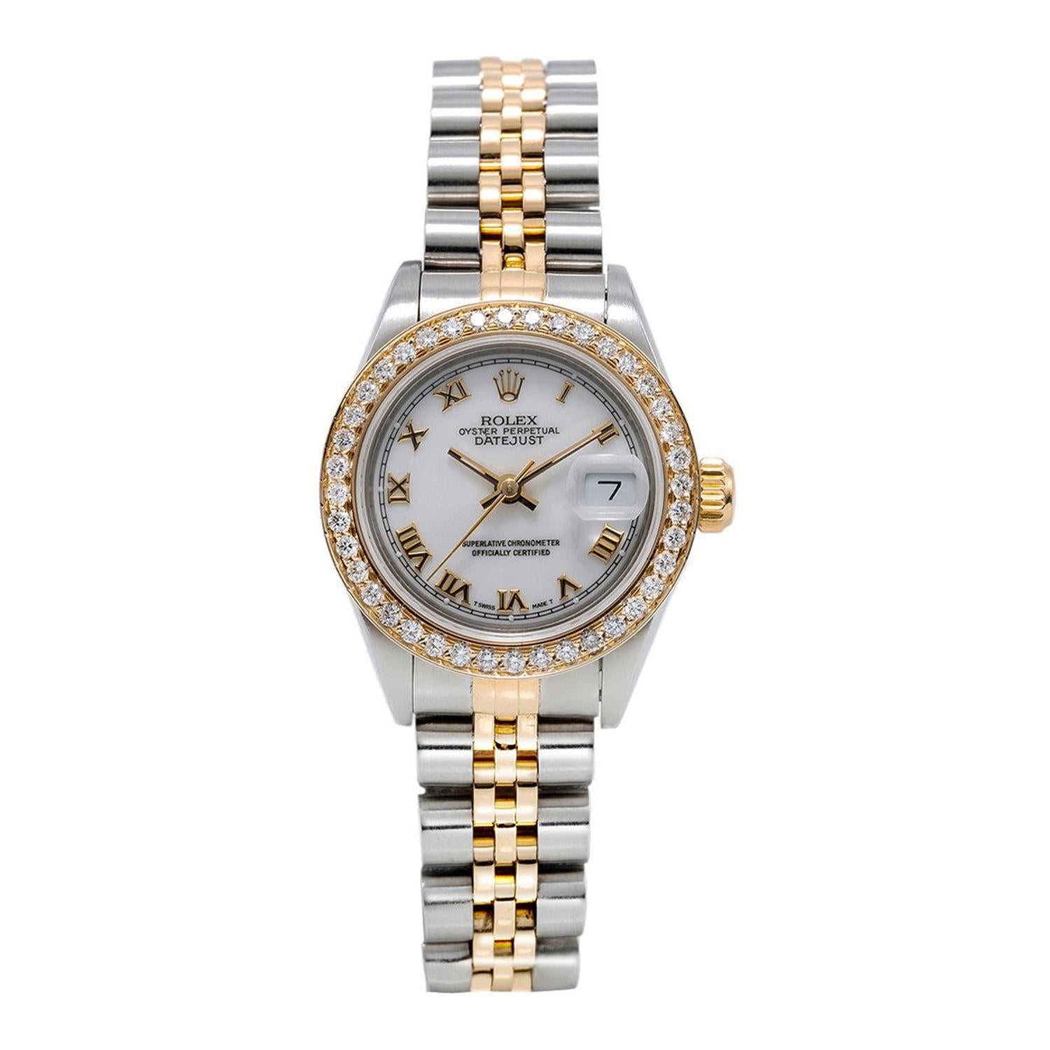 Rolex Datejust 26MM 69173 White Roman Dial Diamond Bezel Two Tone Jubilee Bracelet 0.8ct