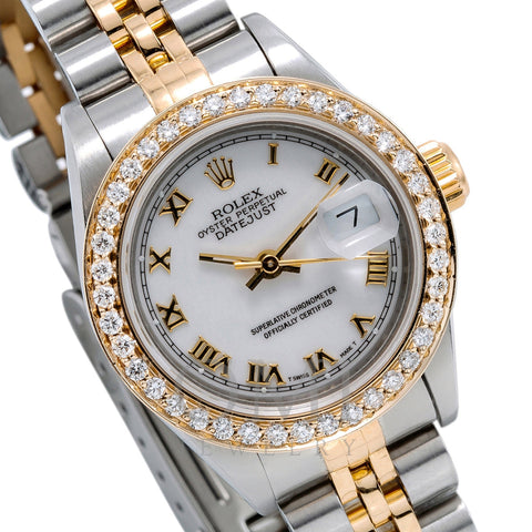 Rolex Datejust Two Tone Diamond Watch, 69173 26mm, White with Roman Numerals Dial with 0.80CT Diamond Bezel