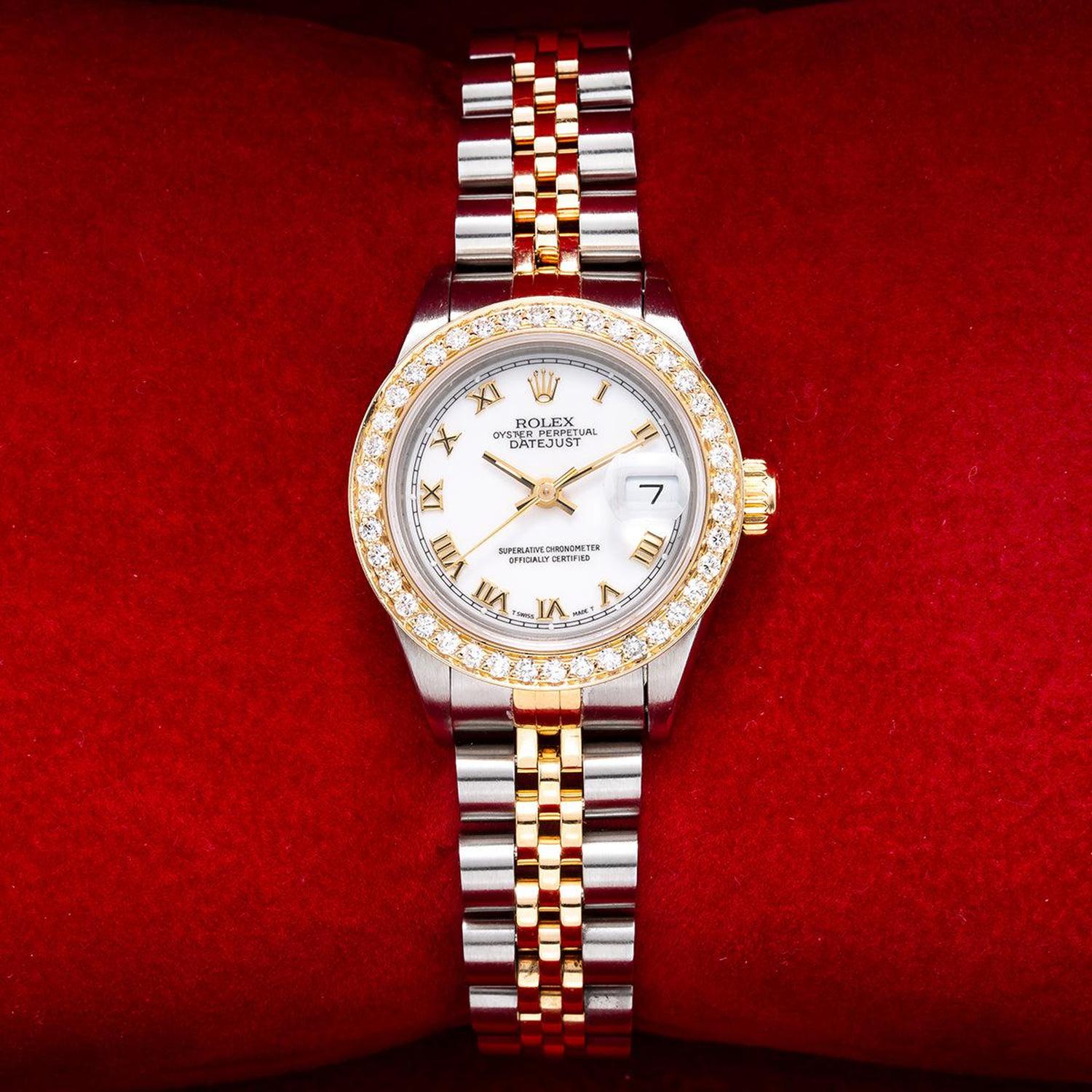 Rolex Datejust 26MM 69173 White Roman Dial Diamond Bezel Two Tone Yellow Gold Jubilee Bracelet 0.8ct
