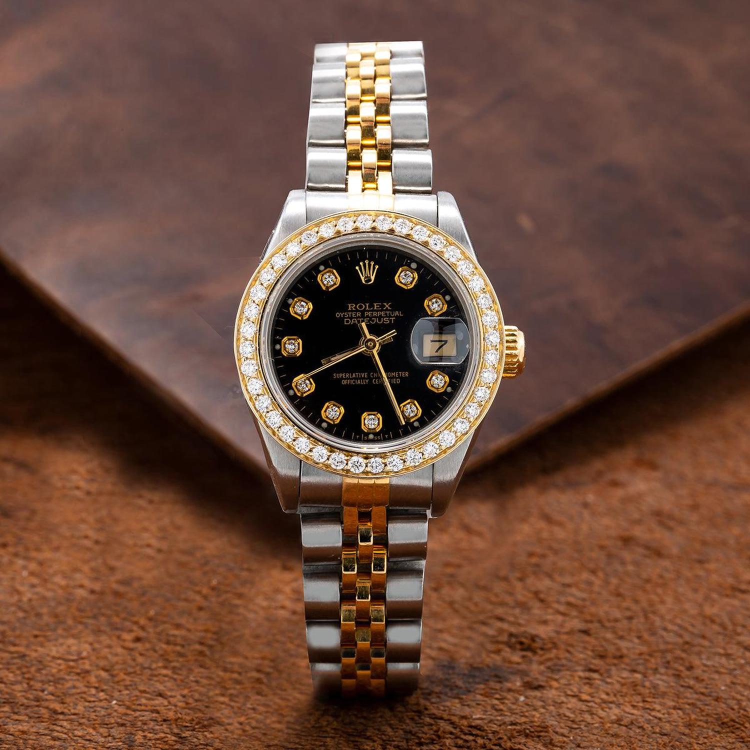 Rolex Datejust 26MM 69173 Black Diamond Dial Diamond Bezel Two Tone Yellow Gold Jubilee Bracelet 0.9ct