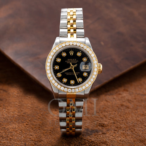 Rolex Datejust Two Tone Diamond Watch, 69713 26mm, Black Dial With 0.90CT Diamond Bezel