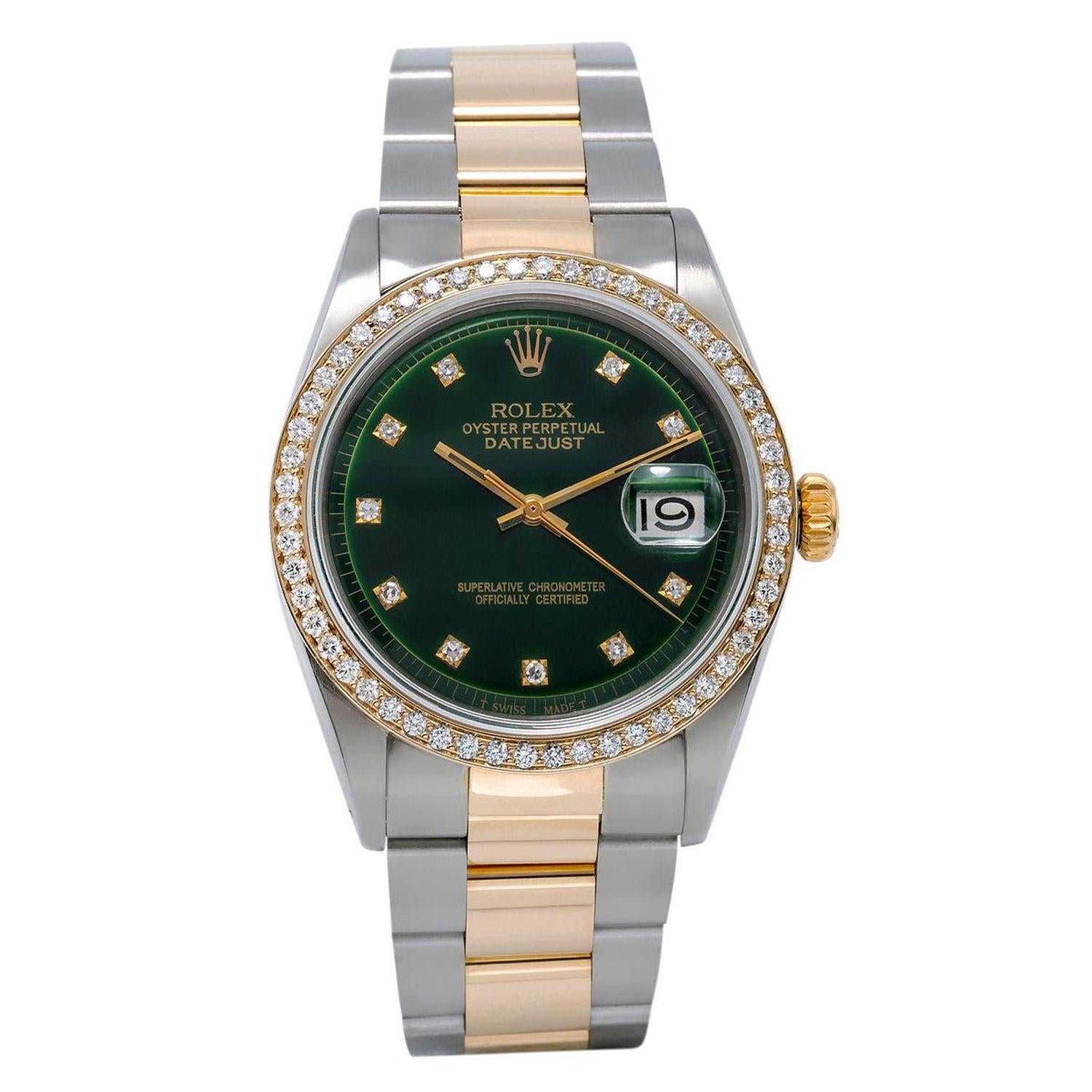 Rolex Datejust 36MM 1601 Green Diamond Dial Diamond Bezel Two Tone Oyster Bracelet 1.2ct