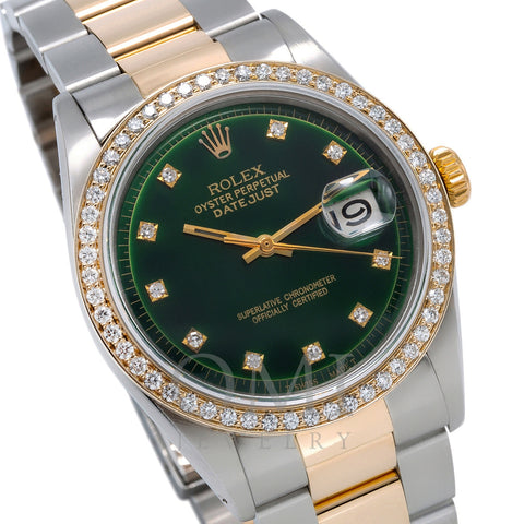 Rolex Datejust Two Tone Diamond Watch, 1601 36mm, Green Dial With 1.20CT Diamond Bezel
