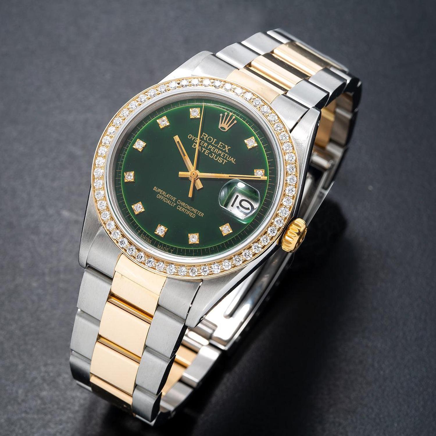 Rolex Datejust 36MM 1601 Green Diamond Dial Diamond Bezel Two Tone Yellow Gold Oyster Bracelet 1.2ct