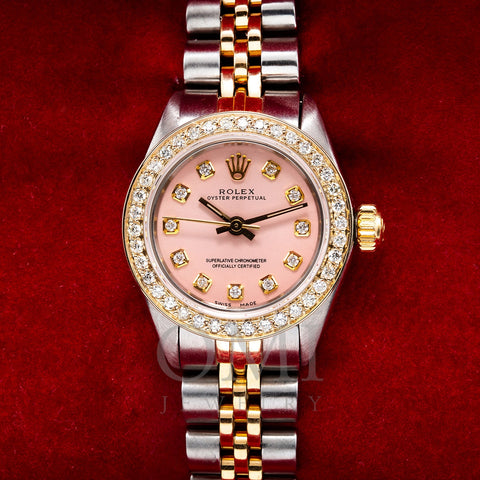 Rolex Oyster Perpetual Diamond Watch, 26mm, Pink Dial With 1.00 CT Diamond Bezel