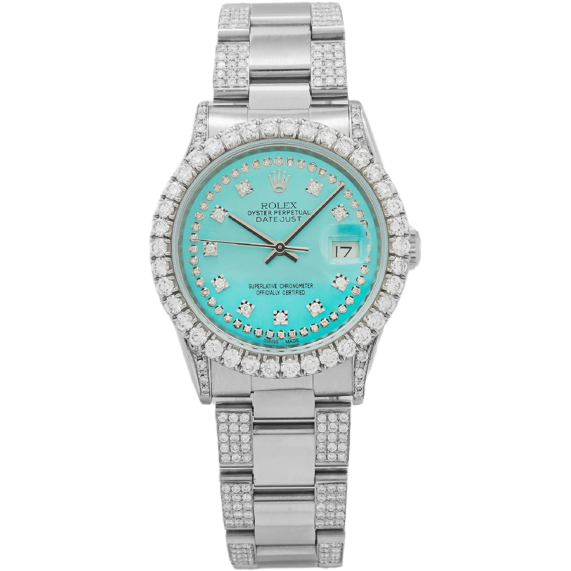 Rolex Datejust 36MM 16220 Turquoise Diamond Dial Diamond Bezel Stainless Steel Semi Diamond Oyster Bracelet