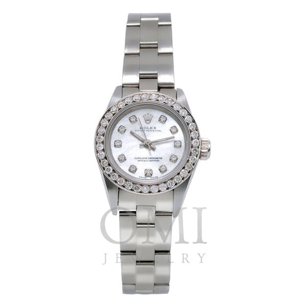 Rolex Oyster Perpetual Diamond Watch, 67193 26mm, White Mother of Pearl Dial with 0.90Ct Diamond Bezel