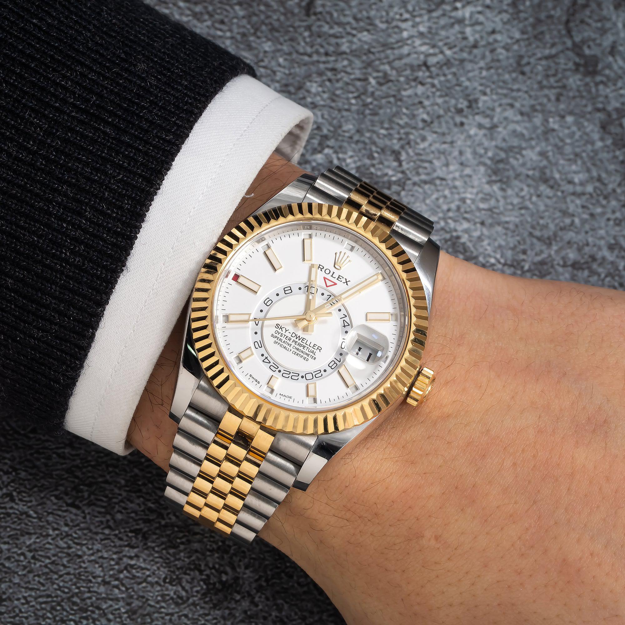 Rolex Sky-Dweller 42MM 326933 White Dial Fluted Bezel Two Tone Yellow Gold Jubilee Bracelet